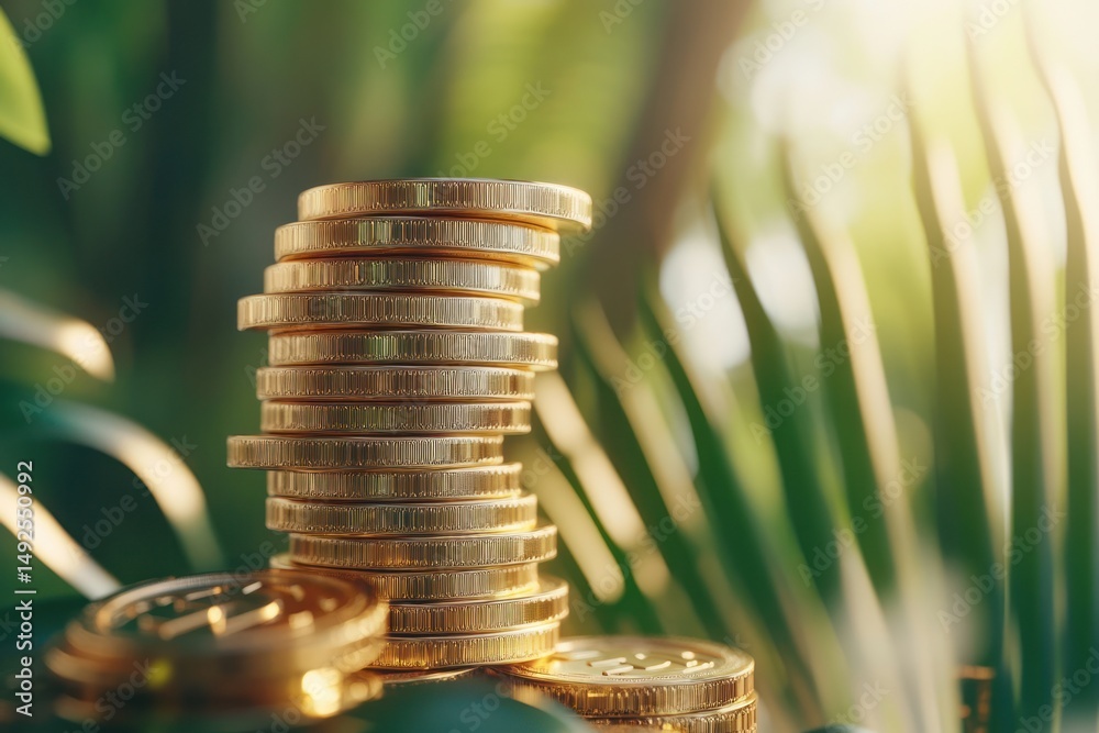 Gold coins stacked in nature