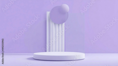 Product podium stage for mockup presentation, Set of green, orang, pink cylinder pedestal podium display, Empty room background. Abstract modern