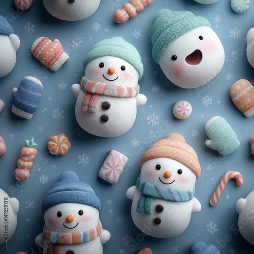 Playful winter texture featuring smiling snowmen, candy canes, and snowflakes on a blue backdrop, perfect for seasonal wallpaper charm.
