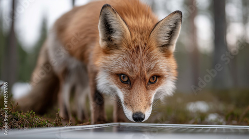 Vigilant Fox by Water: A striking fox drinks cautiously from the serene water source, its alert eyes fixed on its surroundings, embodying the wild's quiet intensity. photo