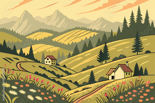 173 detailed pastoral landscape, rolling hills, lush green forests, mountain range in the background, small white cottages, vibrant wildflowers in the foreground, warm color palette, whimsical and dre