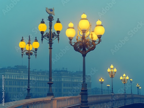 Obraz na płótnie Ornate street lamps on a bridge at dawn w salonie