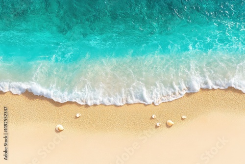 Aerial View of Serene Tropical Beach with Crystal Clear Turquoise Water Gently Lapping on Soft Sandy Shoreline, Inviting Relaxation and Leisurely Days in Paradise