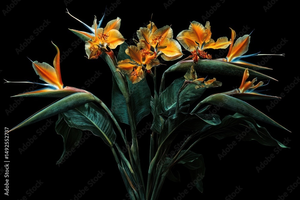 Exotic flowers against black background