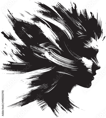 A dynamic abstract painting portraying a human face silhouette in black and white brushstrokes, combining artistic motion and expressive elements