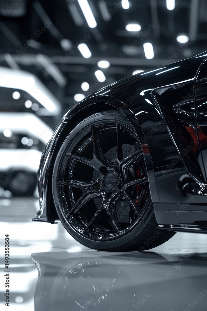 Close up view of a stylish black car wheel and tire in a modern showroom