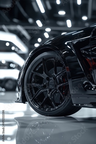 Obraz na płótnie Close up view of a stylish black car wheel and tire in a modern showroom w salonie