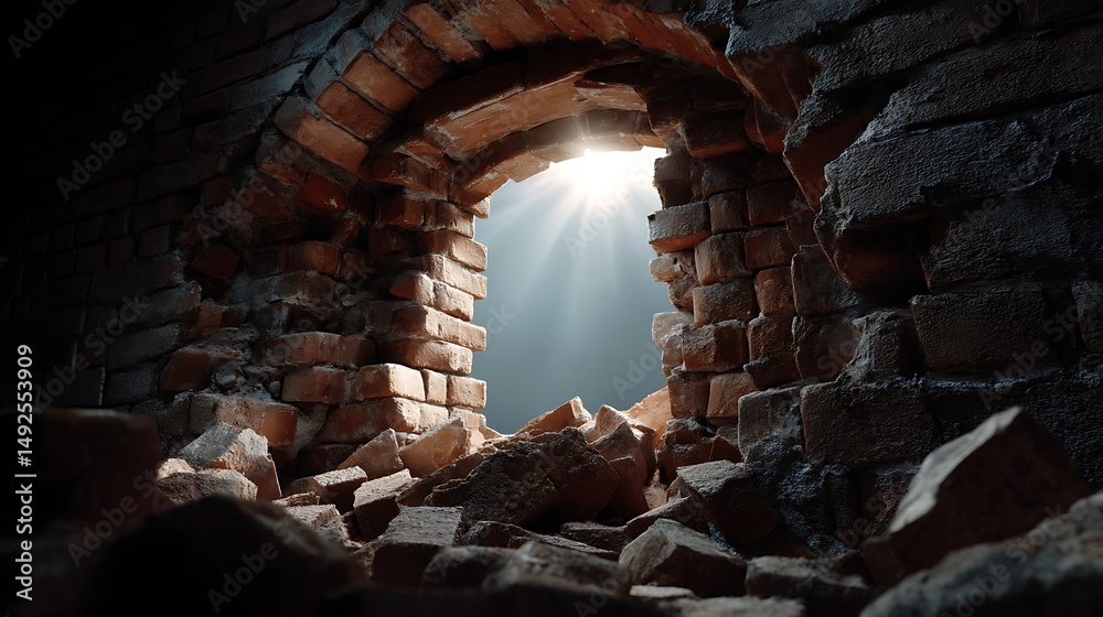 Fototapeta premium Destruction and light breaking through ruined wall abandoned location photo dark environment close-up view hopeful concept
