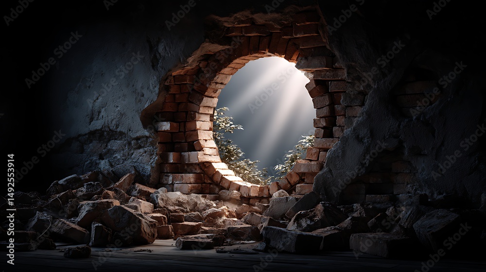 Fototapeta premium Light breaking through a ruined wall nature's resilience urban environment interior view hopeful concept