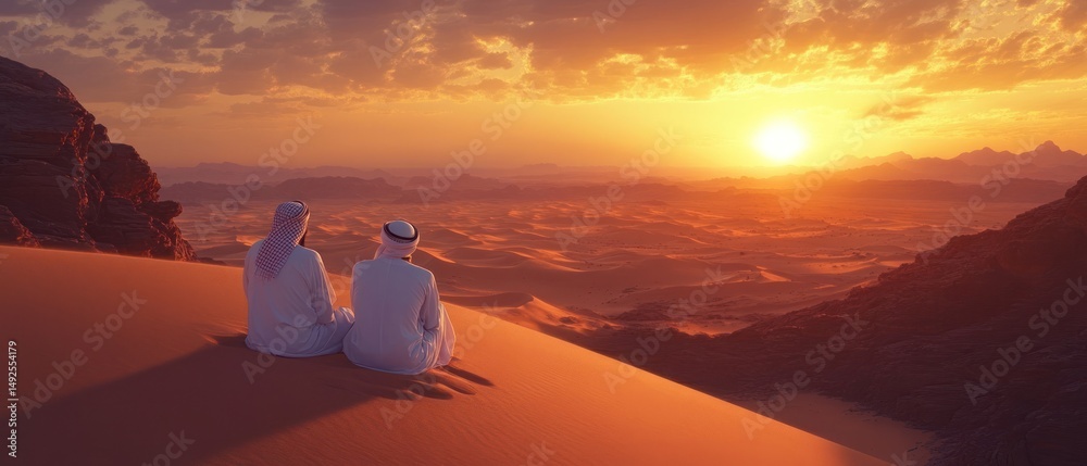 Men watching sunrise in desert landscape middle east