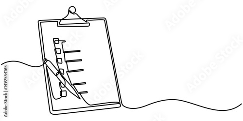 Clipboard with checklist and pen in one continuous line drawing. To do list with ticks and concept for test expertise and exam in simple linear style. Editable stroke. Doodle vector illustration. 
