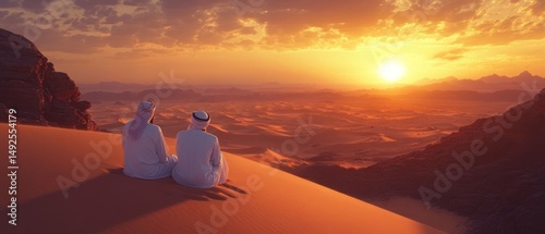 Men watching sunrise in desert landscape middle east