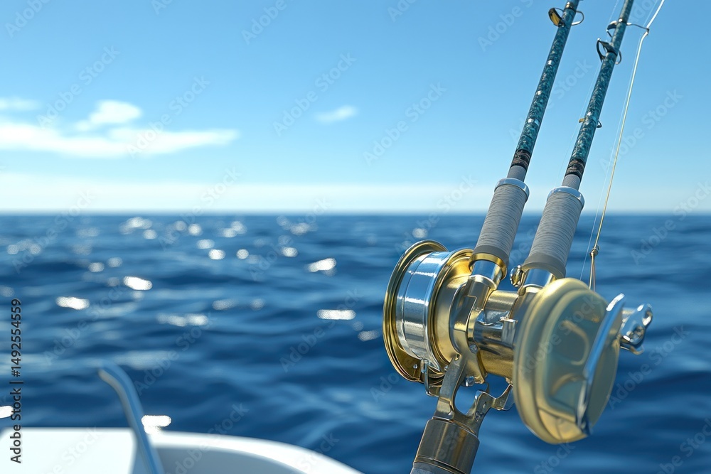 Fishing rod and reel on a boat at sea