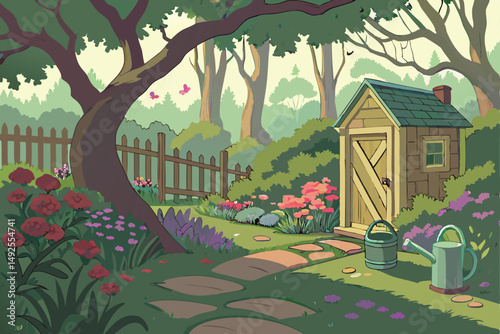 174 beautiful garden with whimsical, fantastical trees, colorful vegetation, wooden fence, garden shed, watering cans, pots, and decorative elements, highly detailed, 3d, realistic, hyperrealistic, lu