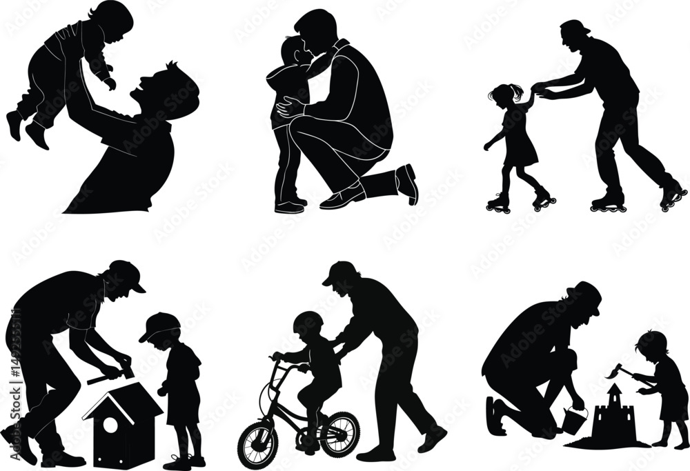Obraz premium Silhouette Vector Set of Father and Children Family Love and Parenthood