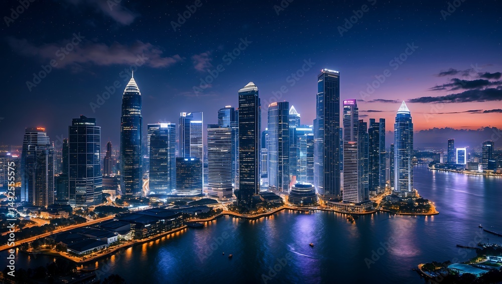 Naklejka premium Vibrant nighttime skyline of business bay and downtown