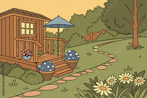 175 cozy garden, wooden cabin, blue umbrella, wooden deck, flowerpots, potted plants, daisies, winding path, lush vegetation, warm lighting, tranquil atmosphere, vibrant colors, detailed landscaping, 