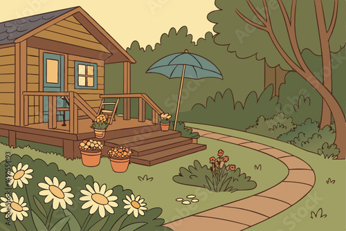 175 cozy garden, wooden cabin, blue umbrella, wooden deck, flowerpots, potted plants, daisies, winding path, lush vegetation, warm lighting, tranquil atmosphere, vibrant colors, detailed landscaping, 