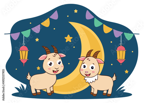 Two cartoon goats stand smiling before a golden crescent moon at night in vector