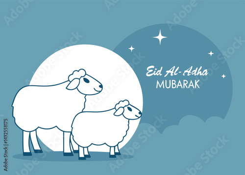 Two white sheep happily stand near the 'Eid AlAdha Mubarak' text overlay