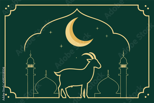 A golden outlined goat illustration stands before crescent moon and minarets over green