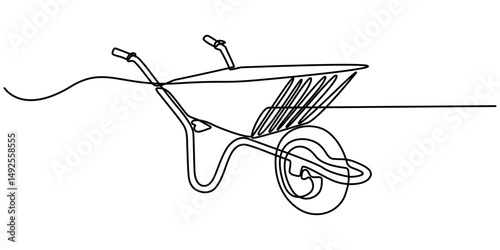 Wheelbarrow continuous one line drawing style, Black linear sketch isolated on white background. Vector illustration, Wheel Barrow Single Line Drawing with Editable Stroke.                       