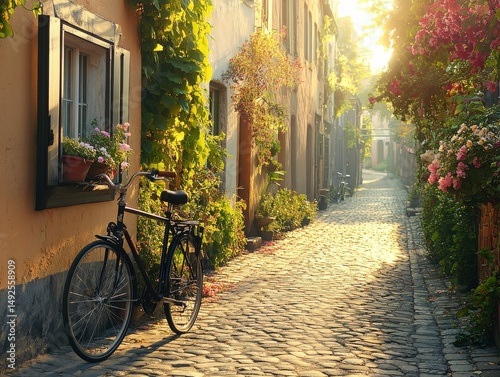 Sunlit Cobblestone Street with Bicycle and Flowers in European Village