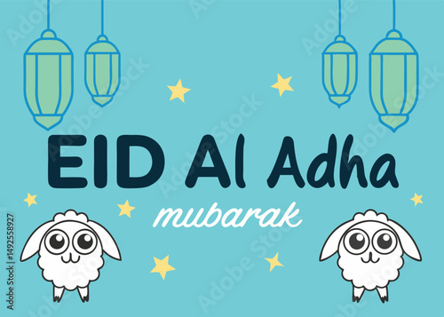 Celebrating Eid al Adha, the joyful illustration with sheep and lanterns conveys greetings