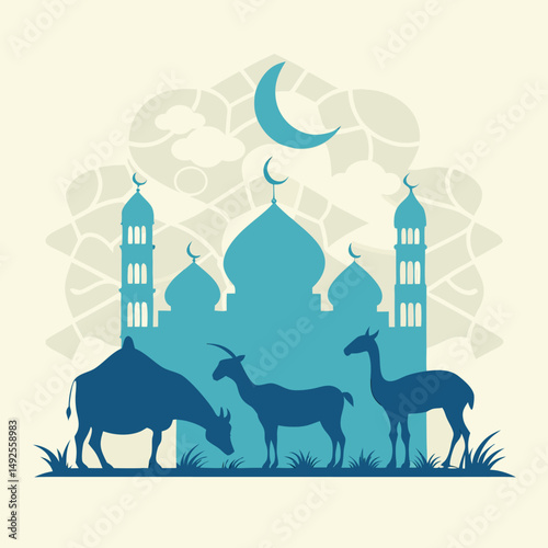 Cow and goats stand before a mosque with a crescent moon in silhouette