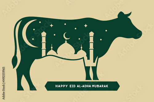 Dark green cow silhouette incorporates mosque structures, crescent moon, and stars, a religious Eid themed holiday