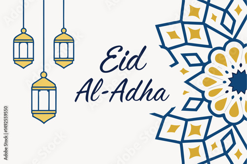 Eid AlAdha greetings are featured with lanterns and a geometric islamic star pattern