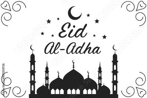 Eid alAdha text art is decorated with stars, moon, mosque, and ornaments