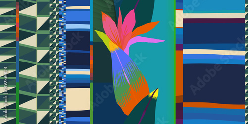 Abstract botanical striped pattern. Collage contemporary unique print. Fashionable template for design.