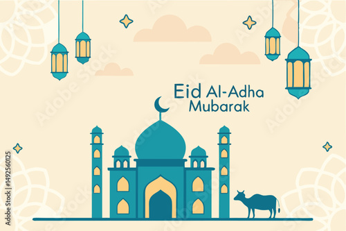 Festive Eid alAdha features a blue silhouette of a mosque with a cow