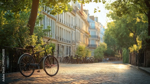 Sunlit Cobblestone Street with Parked Bicycle and Classic Buildings