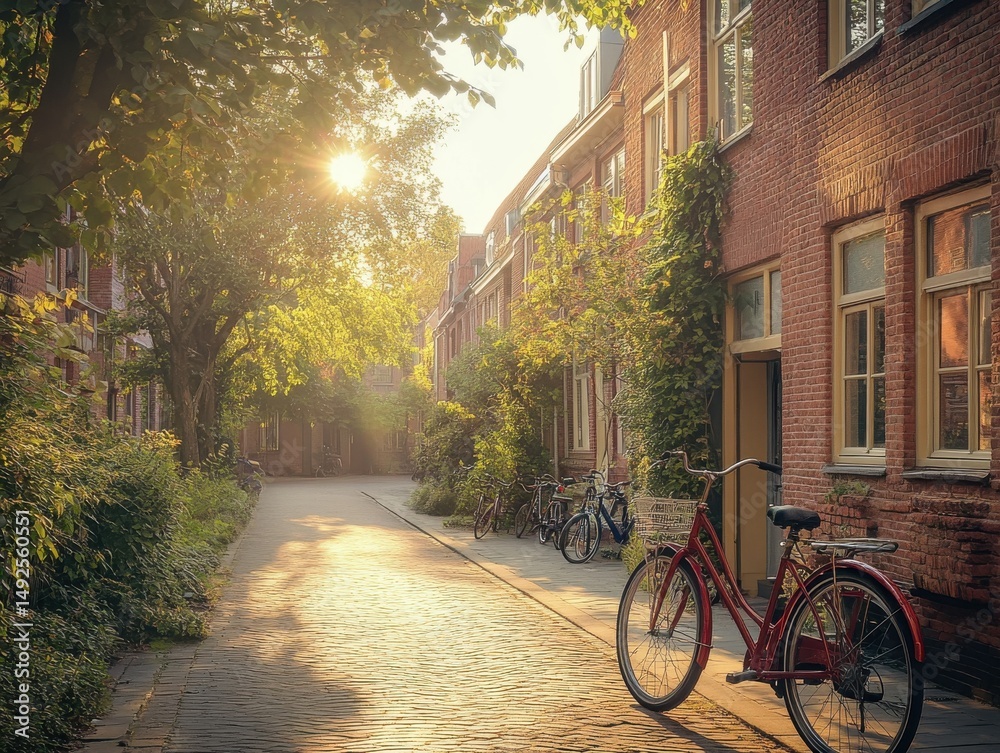 Obraz premium Sunlit Cobblestone Street with Red Bicycle and Brick Buildings
