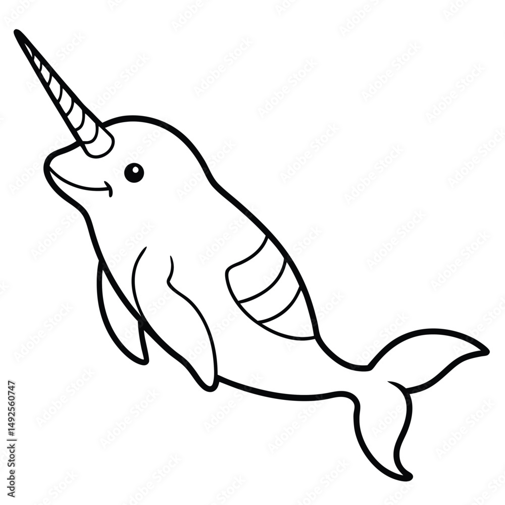 Obraz premium Adorable cartoon narwhal with a spiral tusk, expressive eyes, and textured stripes. Perfect for kids' books, stickers, logos, wall art, crafting, digital art, decor, and ocean-themed designs!
