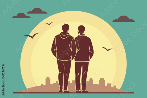 Two men holding hands, gazing at a city sunset, symbolizing love and companionship.