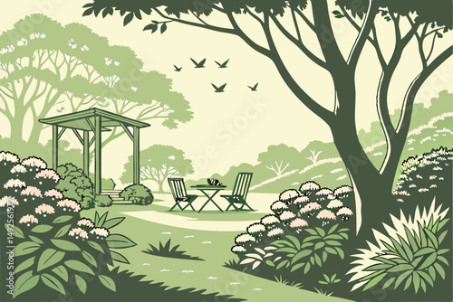177 outdoor garden, lush greenery, flowering shrubs, patio furniture, sunlight filtering through trees, serene atmosphere, idyllic landscape