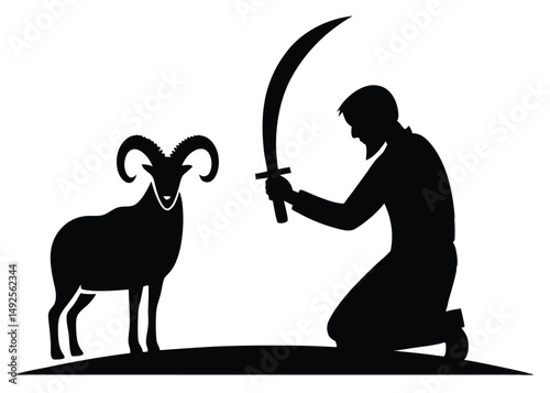 Silhouetted man kneels with a curved sword facing an isolated ram, conveying symbolic imagery