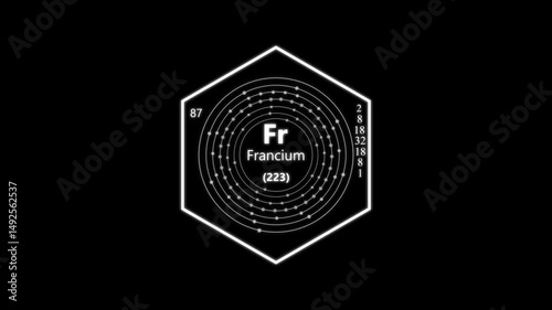 francium chemical element periodic table on background.animated periodic table.Shows name, atomic weight and element number.