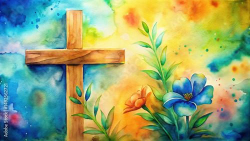 Watercolor Cross and Flowers with Vibrant Background

