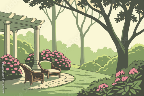 177 outdoor garden, lush greenery, flowering shrubs, patio furniture, sunlight filtering through trees, serene atmosphere, idyllic landscape