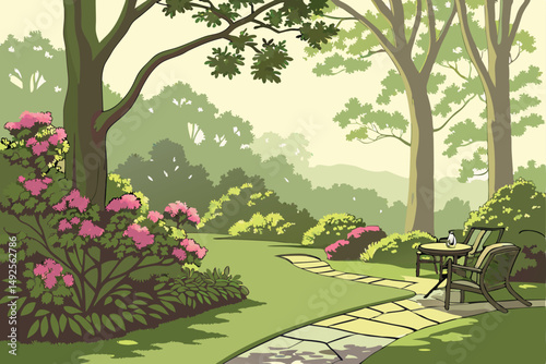 177 outdoor garden, lush greenery, flowering shrubs, patio furniture, sunlight filtering through trees, serene atmosphere, idyllic landscape