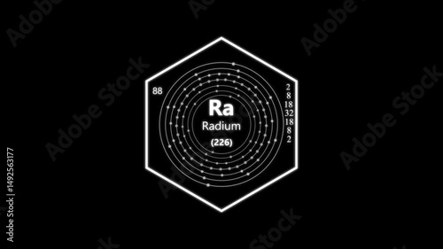 radium chemical element periodic table on background.animated periodic table.Shows name, atomic weight and element number.