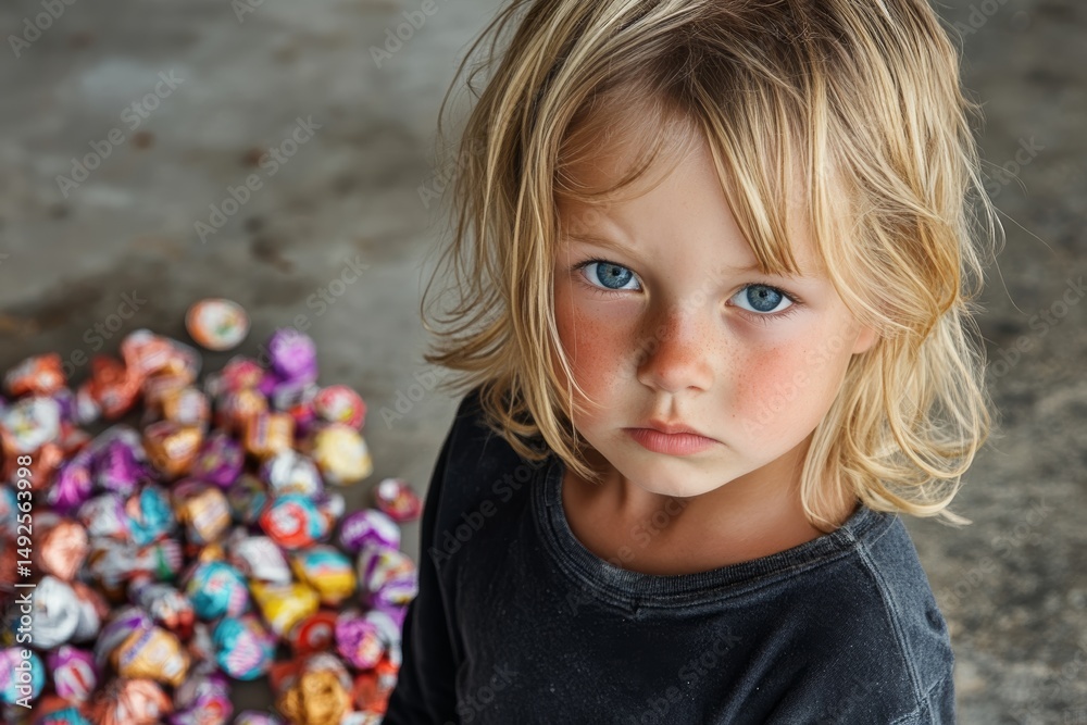 Fototapeta premium emotional scene: child alone with wrappers