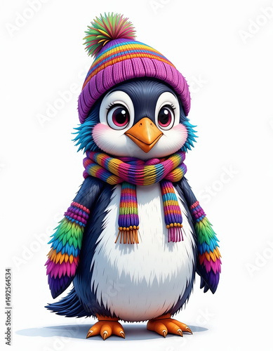 Cartoon Penguin in Winter Hat and Scarf on White Background

