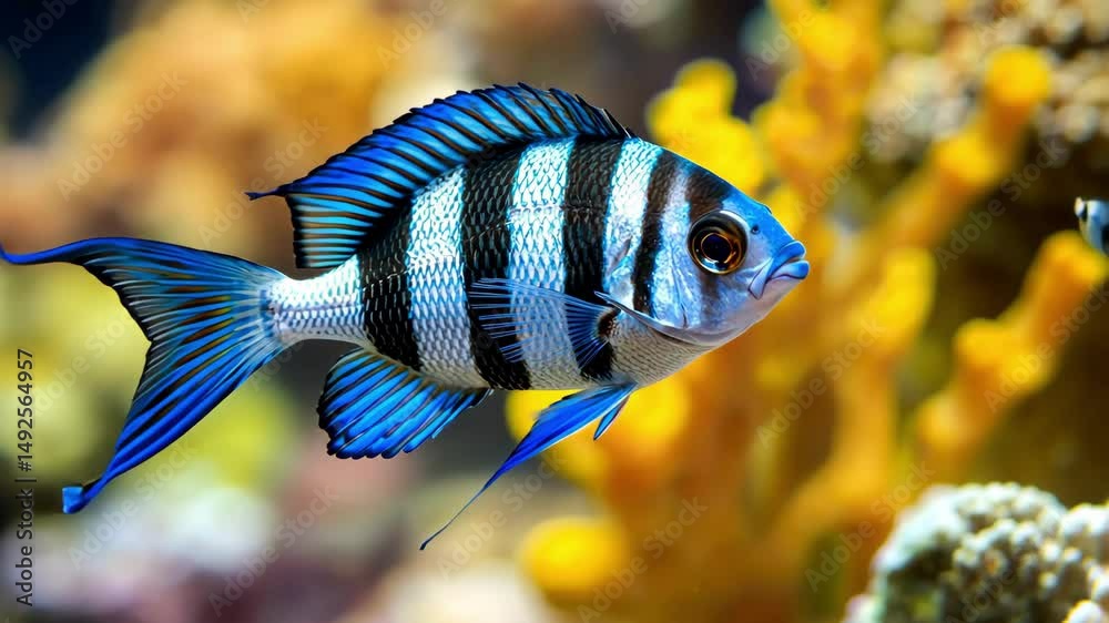 blue fish with black stripes swimming in a coral reef aquarium with yellow coral formations
