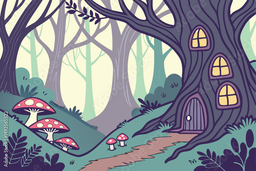 179 fairytale fantasy landscape, enchanted forest, mystical glowing tree trunks, ornaments hanging from branches, fairy houses with illuminated windows, whimsical mushrooms, colorful foliage, magical 