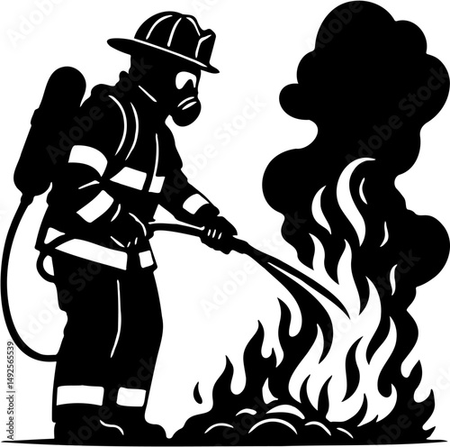vector illustration silhouette of firefighters extinguishing fire